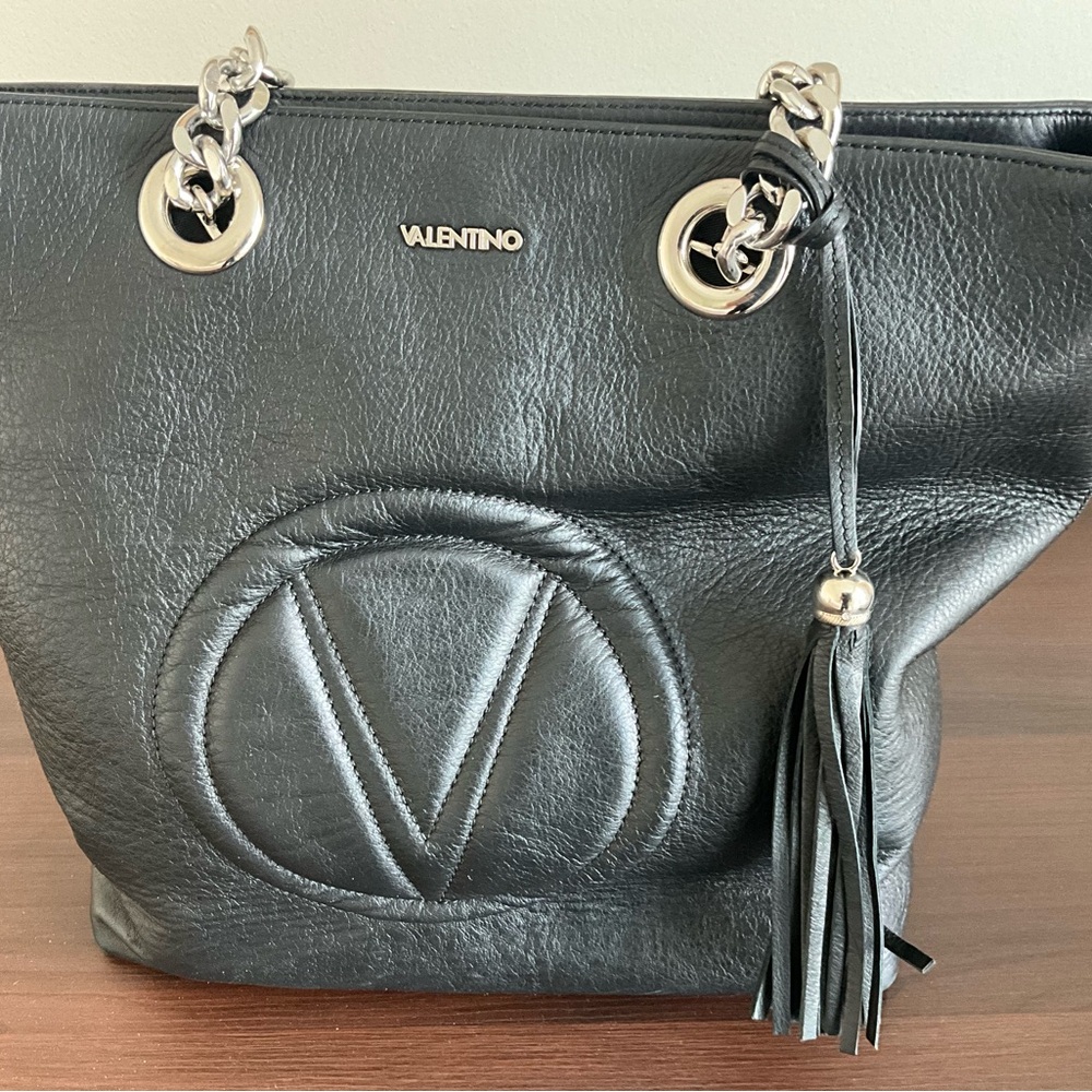 Valentino Black Leather Shoulder Bag with Tassel and Chain Handles